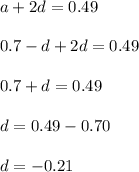 a+2d=0.49\\\\0.7-d+2d=0.49\\\\0.7+d=0.49\\\\d=0.49-0.70\\\\d=-0.21