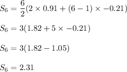 S_6=\dfrac{6}{2}(2\times 0.91+(6-1)\times -0.21)\\\\S_6=3(1.82+5\times -0.21)\\\\S_6=3(1.82-1.05)\\\\S_6=2.31