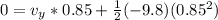 0 = v_y* 0.85 + \frac{1}{2}(-9.8)(0.85^2)