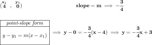 \bf (\stackrel{x_1}{4}~,~\stackrel{y_1}{0})~\hspace{10em} slope = m\implies -\cfrac{3}{4} \\\\\\ \begin{array}{|c|ll} \cline{1-1} \textit{point-slope form}\\ \cline{1-1} \\ y-y_1=m(x-x_1) \\\\ \cline{1-1} \end{array}\implies y-0=-\cfrac{3}{4}(x-4)\implies y=-\cfrac{3}{4}x+3