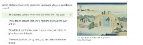 Which statement correctly describes japanese ukiyo-e woodblock prints?  a. strong lines outline form