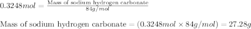 0.3248mol=\frac{\text{Mass of sodium hydrogen carbonate}}{84g/mol}\\\\\text{Mass of sodium hydrogen carbonate}=(0.3248mol\times 84g/mol)=27.28g