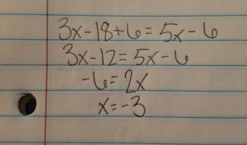 Use the distributive property to solve the equation 3(x-6)+6=5x-6