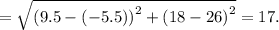 =\sqrt{\left(9.5-\left(-5.5\right)\right)^2+\left(18-26\right)^2} =17.