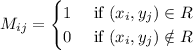 M_{ij}=\begin{cases}1 & \text{ if } (x_i,y_j)\in R \\ 0 & \text{ if } (x_i,y_j)\notin R\end{cases}