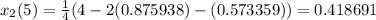 x_2(5)=\frac{1}{4}(4-2(0.875938)-(0.573359))=0.418691