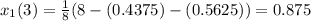 x_1(3)=\frac{1}{8}(8-(0.4375)-(0.5625))=0.875