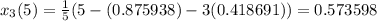 x_3(5)=\frac{1}{5}(5-(0.875938)-3(0.418691))=0.573598
