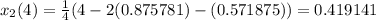 x_2(4)=\frac{1}{4}(4-2(0.875781)-(0.571875))=0.419141