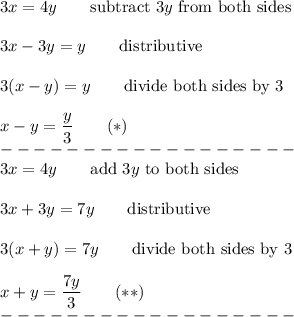 3x=4y\qquad\text{subtract}\ 3y\ \text{from both sides}\\\\3x-3y=y\qquad\text{distributive}\\\\3(x-y)=y\qquad\text{divide both sides by 3}\\\\x-y=\dfrac{y}{3}\qquad(*)\\------------------\\3x=4y\qquad\text{add}\ 3y\ \text{to both sides}\\\\3x+3y=7y\qquad\text{distributive}\\\\3(x+y)=7y\qquad\text{divide both sides by 3}\\\\x+y=\dfrac{7y}{3}\qquad(**)\\------------------