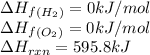 \Delta H_f_{(H_2)}=0kJ/mol\\\Delta H_f_{(O_2)}=0kJ/mol\\\Delta H_{rxn}=595.8kJ