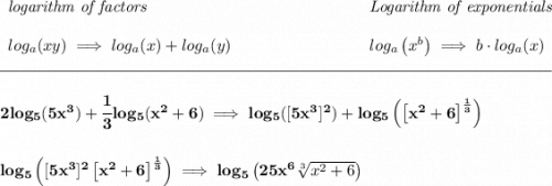 \bf \begin{array}{llll} \textit{logarithm of factors} \\\\ log_a(xy)\implies log_a(x)+log_a(y) \end{array}~\hfill \begin{array}{llll} \textit{Logarithm of exponentials} \\\\ log_a\left( x^b \right)\implies b\cdot log_a(x) \end{array} \\\\[-0.35em] \rule{34em}{0.25pt}\\\\ 2log_5(5x^3)+\cfrac{1}{3}log_5(x^2+6)\implies log_5([5x^3]^2)+log_5\left(\left[ x^2+6 \right]^{\frac{1}{3}} \right) \\\\\\ log_5\left( [5x^3]^2 \left[ x^2+6 \right]^{\frac{1}{3}}\right)\implies log_5\left( 25x^6\sqrt[3]{x^2+6} \right)