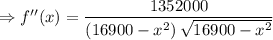 \Rightarrow f''(x)=\dfrac{1352000}{\left(16900-x^2\right)\sqrt{16900-x^2}}