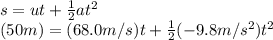 s=ut+\frac{1}{2} at^2\\(50m)=(68.0m/s)t+\frac{1}{2} (-9.8m/s^2)t^2