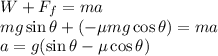 W+F_f=ma\\mg\sin\theta+(-\mu mg\cos \theta)=ma\\a=g(\sin\theta-\mu \cos\theta)\\
