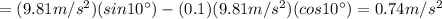=(9.81 m/s^2)(sin 10^{\circ})-(0.1)(9.81 m/s^2)(cos 10^{\circ})=0.74 m/s^2