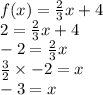 f(x) =  \frac{2}{3}x  + 4 \\ 2 =  \frac{2}{3} x + 4 \\  - 2 =  \frac{2}{3} x \\  \frac{3}{2}  \times  - 2 = x \\  - 3 = x