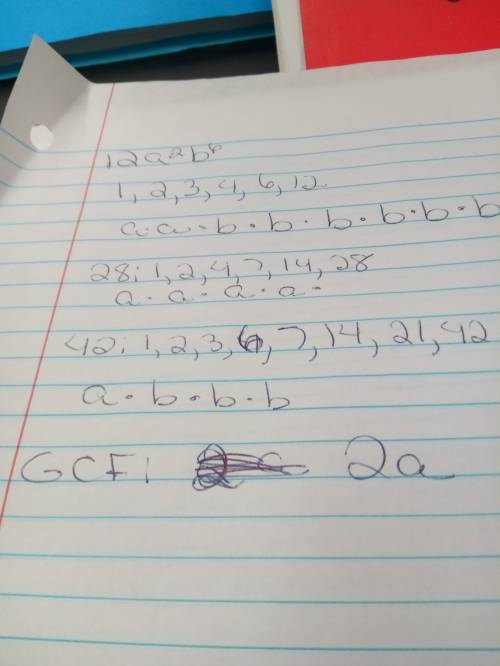 What's the gcf of 12a^2b^6, 28a^4 and 42ab^3?  how did you find your answer?