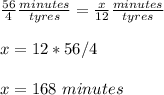 \frac{56}{4}\frac{minutes}{tyres}=\frac{x}{12}\frac{minutes}{tyres} \\ \\x=12*56/4\\ \\x=168\ minutes