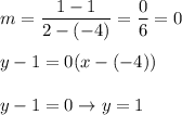 m=\dfrac{1-1}{2-(-4)}=\dfrac{0}{6}=0\\\\y-1=0(x-(-4))\\\\y-1=0\to y=1