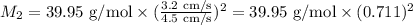 M_{2} = \text{39.95 g/mol} \times (\frac{\text{3.2 cm/s}}{\text{4.5 cm/s}})^{2}= \text{39.95 g/mol} \times (0.711 )^{2}