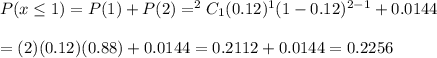 P(x\leq1)=P(1)+P(2)=^2C_1(0.12)^1(1-0.12)^{2-1}+0.0144\\\\=(2)(0.12)(0.88)+0.0144=0.2112+0.0144=0.2256