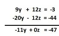Solve the system,  show each step. x + y + z = -4 -x + 2y + 3z = 3 x - 4y - 2z = -15