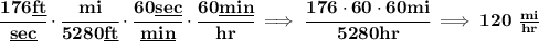 \bf \cfrac{176 \underline{ft}}{\underline{sec}}\cdot \cfrac{mi}{5280 \underline{{ft}}}\cdot \cfrac{60 \underline{sec}}{\underline{min}}\cdot \cfrac{60 \underline{min}}{hr}\implies \cfrac{176\cdot 60\cdot 60 mi}{5280 hr}\implies 120~\frac{mi}{hr}
