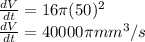 \frac{dV}{dt} = 16\pi (50) ^ 2\\\frac{dV}{dt} = 40000\pi mm^3 / s