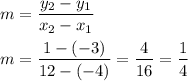 m=\dfrac{y_2-y_1}{x_2-x_1}\\\\m=\dfrac{1-(-3)}{12-(-4)}=\dfrac{4}{16}=\dfrac{1}{4}