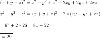 (x+y+z)^2=x^2+y^2+z^2+2xy+2yz+2xz\\\\&#10; x^2+y^2+z^2=(x+y+z)^2-2*(xy+yz+xz)\\\\&#10;=9^2+2*26=81-52\\\\&#10;\boxed{=29}&#10;&#10;