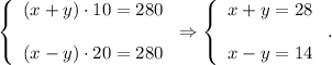 \left\{\begin{array}{l}(x+y)\cdot 10=280\\ \\(x-y)\cdot 20=280\end{array}\right.\Rightarrow \left\{\begin{array}{l}x+y=28\\ \\x-y=14\end{array}\right..