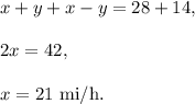 x+y+x-y=28+14,\\ \\2x=42,\\ \\x=21\text{ mi/h}.