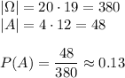 |\Omega|=20\cdot19=380\\|A|=4\cdot12=48\\\\P(A)=\dfrac{48}{380}\approx0.13