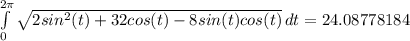 \int\limits^{2\pi}_0 {\sqrt{2sin^2(t)+32cos(t)-8sin(t)cos(t)} }\, dt=24.08778184
