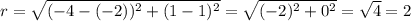 r=\sqrt{(-4-(-2))^2+(1-1)^2}=\sqrt{(-2)^2+0^2}=\sqrt{4}=2