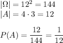 |\Omega|=12^2=144\\|A|=4\cdot3=12\\\\P(A)=\dfrac{12}{144}=\dfrac{1}{12}