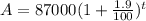 A=87000(1+\frac{1.9}{100})^{t}
