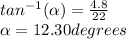tan^{-1}(\alpha)=\frac{4.8}{22}\\\alpha=12.30degrees