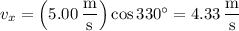 v_x=\left(5.00\,\dfrac{\mathrm m}{\mathrm s}\right)\cos330^\circ=4.33\,\dfrac{\mathrm m}{\mathrm s}