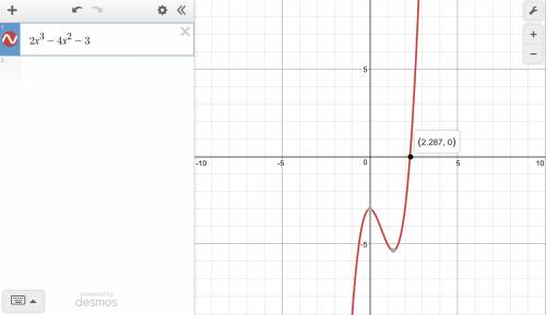 Locating zeros of polynomial function:  approximate the real zeros of f(x)=2x^3-4x^2-3 to the neares