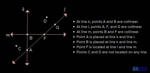 What are three collinear points on line l?  points a, b, and f points a, f, and g points b, c, and d