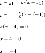 y-y_{1}= m(x-x_{1})\\ \\ y-1=\frac{k}{0}(x-(-4))\\ \\k(x+4)=0\\ \\ x+4=0\\ \\ x=-4