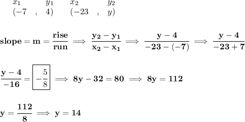 \bf \begin{array}{lllll}&#10;&x_1&y_1&x_2&y_2\\&#10;%   (a,b)&#10;&({{ -7}}\quad ,&{{ 4}})\quad &#10;%   (c,d)&#10;&({{ -23}}\quad ,&{{ y}})&#10;\end{array}&#10;\\\\\\&#10;% slope  = m&#10;slope = {{ m}}= \cfrac{rise}{run} \implies &#10;\cfrac{{{ y_2}}-{{ y_1}}}{{{ x_2}}-{{ x_1}}}\implies \cfrac{y-4}{-23-(-7)}\implies \cfrac{y-4}{-23+7}&#10;\\\\\\&#10;\cfrac{y-4}{-16}=\boxed{-\cfrac{5}{8}}\implies 8y-32=80\implies 8y=112&#10;\\\\\\&#10;y=\cfrac{112}{8}\implies y=14