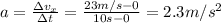 a=\frac{\Delta v_x}{\Delta t}=\frac{23 m/s-0}{10s -0}=2.3 m/s^2
