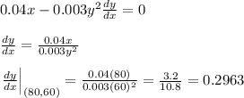 0.04x-0.003y^2 \frac{dy}{dx} =0 \\  \\  \frac{dy}{dx} = \frac{0.04x}{0.003y^2}  \\  \\  \left.\frac{dy}{dx} \right |_{(80, 60)}= \frac{0.04(80)}{0.003(60)^2} = \frac{3.2}{10.8} =0.2963