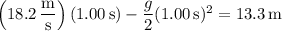 \left(18.2\,\dfrac{\mathrm m}{\mathrm s}\right)(1.00\,\mathrm s)-\dfrac g2(1.00\,\mathrm s)^2=13.3\,\mathrm m