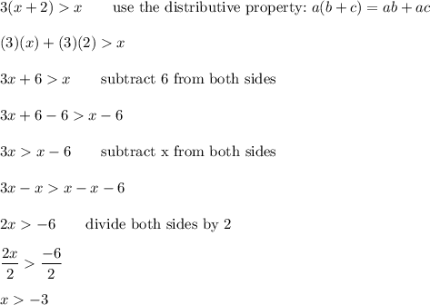 3(x+2)x\qquad\text{use the distributive property:}\ a(b+c)=ab+ac\\\\(3)(x)+(3)(2)x\\\\3x+6x\qquad\text{subtract 6 from both sides}\\\\3x+6-6x-6\\\\3xx-6\qquad\text{subtract x from both sides}\\\\3x-xx-x-6\\\\2x-6\qquad\text{divide both sides by 2}\\\\\dfrac{2x}{2}\dfrac{-6}{2}\\\\x-3