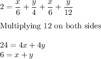 2 = \dfrac{x}{6} + \dfrac{y}{4} + \dfrac{x}{6} + \dfrac{y}{12}\\\\\text{Multiplying 12 on both sides}\\\\24 = 4x + 4y\\6 = x + y