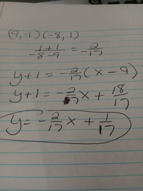 Find an equation for the line in standard form containing the points (9,-1) and (-8,1)